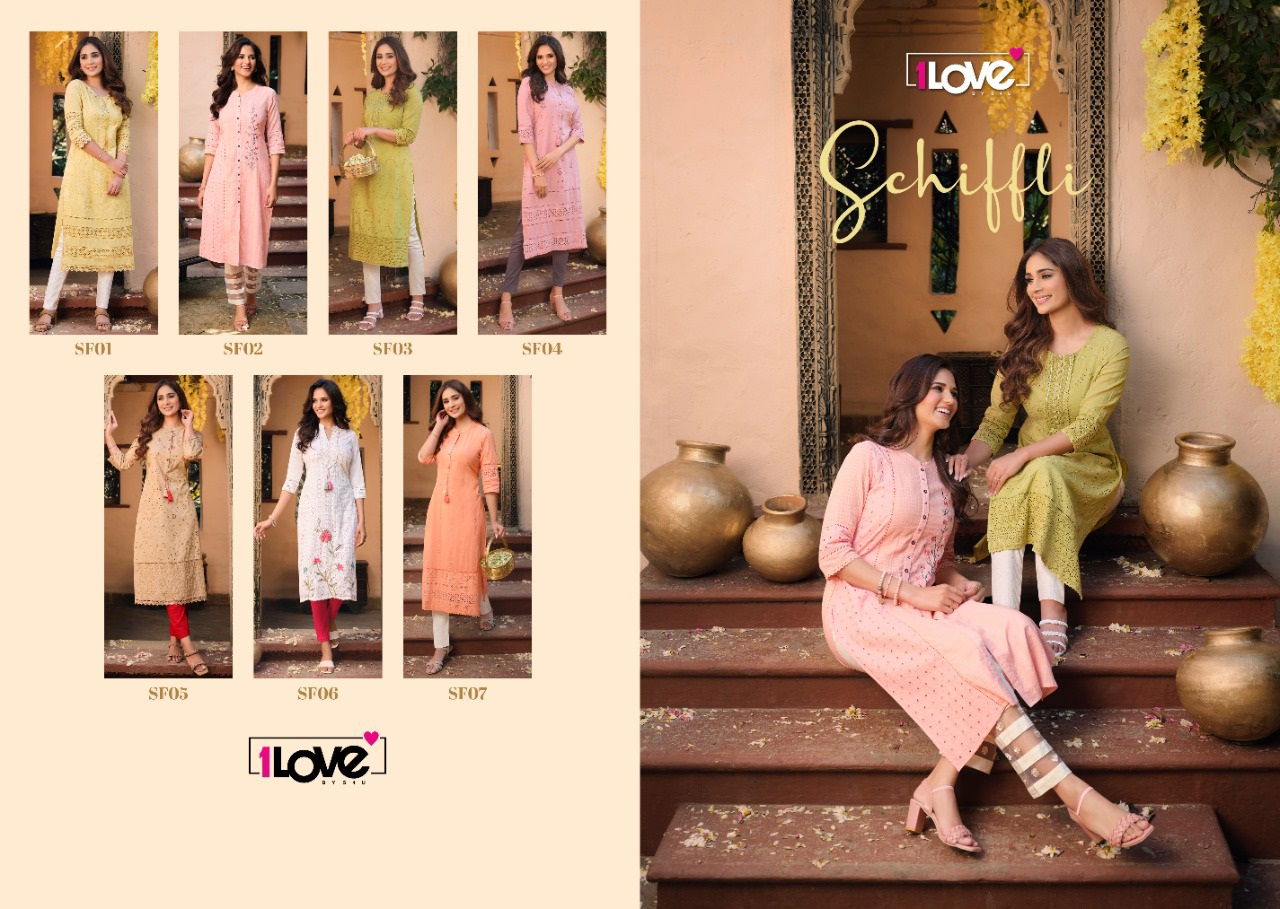 1 love Schiffli Fancy Designer Party Wear Latest Kurti Collection